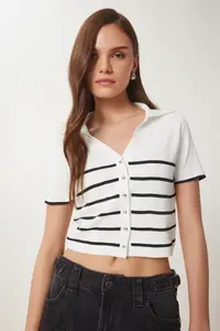 Happiness İstanbul Women's Ecru Black Striped Seasonal Knitwear Cardigan - Image 2