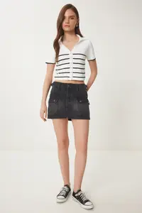 Happiness İstanbul Women's Ecru Black Striped Seasonal Knitwear Cardigan - Image 3
