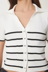 Happiness İstanbul Women's Ecru Black Striped Seasonal Knitwear Cardigan - Image 4