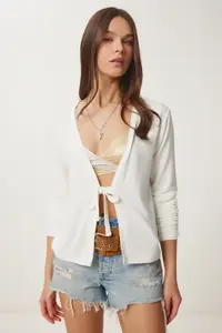 Happiness İstanbul Women's Bone Tie Detailed Seasonal Knitwear Cardigan - Image 2