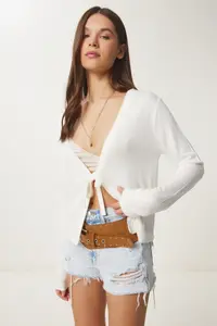 Happiness İstanbul Women's Bone Tie Detailed Seasonal Knitwear Cardigan - Image 3
