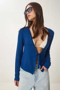 Happiness İstanbul Women's Cobalt Blue Tie Detailed Seasonal Knitwear Cardigan - Image 2