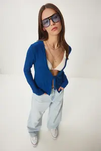 Happiness İstanbul Women's Cobalt Blue Tie Detailed Seasonal Knitwear Cardigan - Image 3
