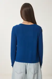 Happiness İstanbul Women's Cobalt Blue Tie Detailed Seasonal Knitwear Cardigan - Image 5