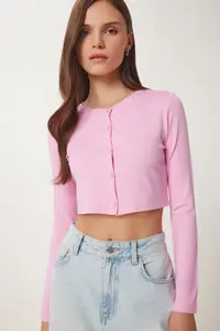 Happiness İstanbul Women Pink Strawberry Knitting Crop Bolero Cardigan