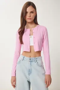 Happiness İstanbul Women Pink Strawberry Knitting Crop Bolero Cardigan - Image 2