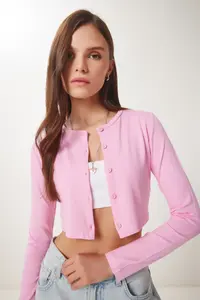 Happiness İstanbul Women Pink Strawberry Knitting Crop Bolero Cardigan - Image 3