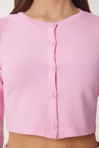Happiness İstanbul Women Pink Strawberry Knitting Crop Bolero Cardigan - Image 4