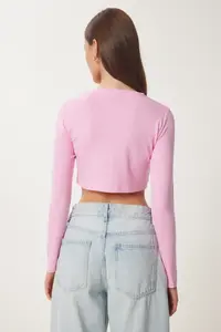 Happiness İstanbul Women Pink Strawberry Knitting Crop Bolero Cardigan - Image 5