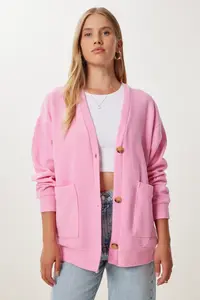 Happiness İstanbul Women Pink with pocket LONG Knitwear Cardigan