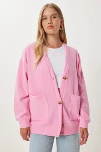 Happiness İstanbul Women Pink with pocket LONG Knitwear Cardigan - Image 2
