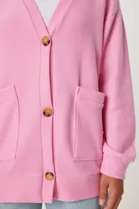 Happiness İstanbul Women Pink with pocket LONG Knitwear Cardigan - Image 3