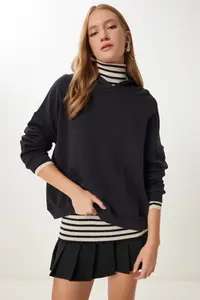 Happiness İstanbul Women Black Hooded Knitting Sweatshirt - Image 2