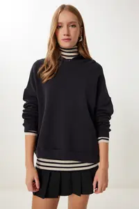 Happiness İstanbul Women Black Hooded Knitting Sweatshirt - Image 3