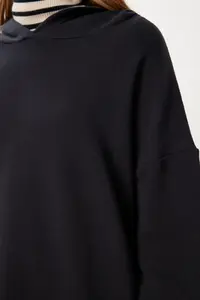 Happiness İstanbul Women Black Hooded Knitting Sweatshirt - Image 4