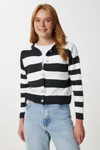 Happiness İstanbul Women's Black and White Stylish Buttoned Striped Knitwear Cardigan - Image 2
