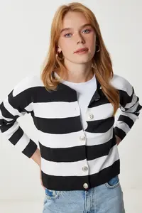 Happiness İstanbul Women's Black and White Stylish Buttoned Striped Knitwear Cardigan - Image 3