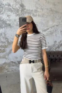 TRENDYOLMİLLA Bonnet Striped Basic Viscose Blended Knitwear Thin Blouse - Image 6