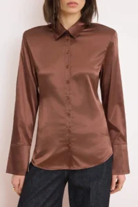 TRENDYOLMİLLA Brown Hafif Bele Oturan Satin padded Shirt - Image 3
