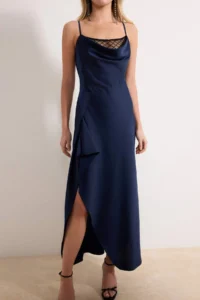 TRENDYOLMİLLA Navy Blue Lace Detailed Weaving Satin Midi Elegant/Evening Dress - Image 4