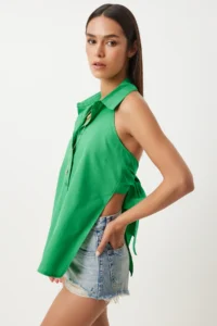 Happiness İstanbul Women's Green Back Tie Poplin Shirt - Image 2