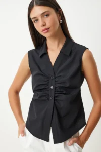 Happiness İstanbul Women Black Shirt Detailed Sleeveless Shirt