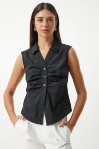 Happiness İstanbul Women Black Shirt Detailed Sleeveless Shirt - Image 2