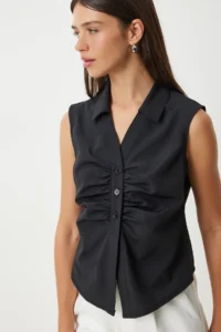 Happiness İstanbul Women Black Shirt Detailed Sleeveless Shirt - Image 3