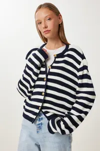 Happiness İstanbul Women's Ecru Navy Blue Padded Striped Knitwear Cardigan