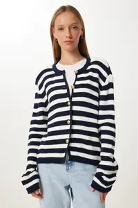 Happiness İstanbul Women's Ecru Navy Blue Padded Striped Knitwear Cardigan - Image 3