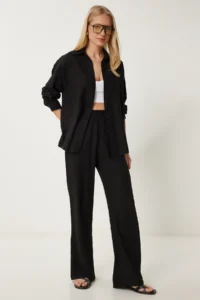 Happiness İstanbul Women's Black Seasonal Woven Shirt and Trousers Set