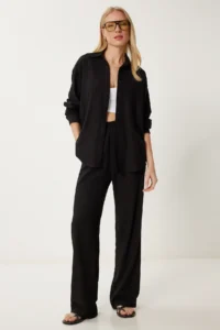 Happiness İstanbul Women's Black Seasonal Woven Shirt and Trousers Set - Image 2