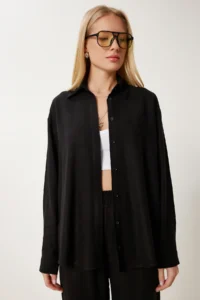 Happiness İstanbul Women's Black Seasonal Woven Shirt and Trousers Set - Image 3