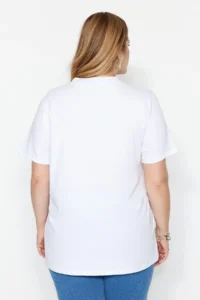 Trendyol Curve White Navy Blue Ribbed relaxed 100% Cotton Knitting T-Shirt - Image 5