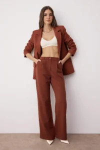 TRENDYOLMİLLA Dark Brown High Waist Wide Leg/Wide Leg Pilili Weaving Dress Pants - Image 3