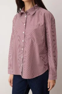 TRENDYOLMİLLA Burgundy Striped Oversized/Wide Pattern Shirt - Image 3