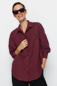 TRENDYOLMİLLA Dark Burgundy Single with pocket Boyfriend/Wide Pattern Cotton Weaving Shirt - Image 4