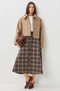 Lovelyİstanbul Belted Checkered Midi Polyviscon Skirt  BROWN