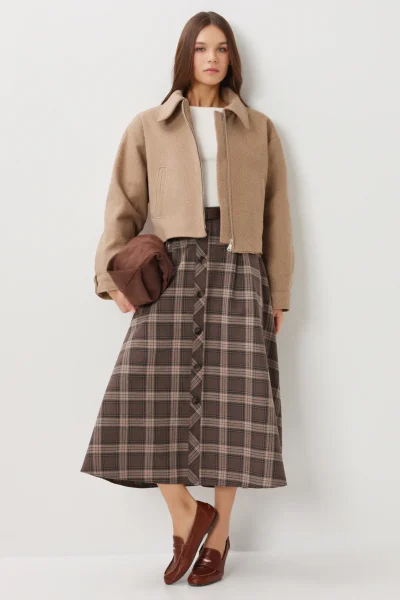 Lovelyİstanbul Belted Checkered Midi Polyviscon Skirt  BROWN