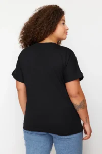 Trendyol Curve Black embroidery Detailed Basic 100% Cotton Knitting T-Shirt - Image 6