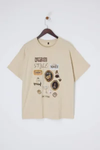Trendyol Curve Stone 100% Cotton Printed Oversized Pattern Crew Neck Plus Size Knitting T-Shirt - Image 4