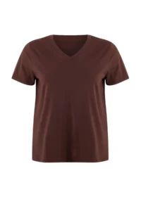 Trendyol Curve Brown Regular Fit V-neck Plus Size T-Shirt - Image 3