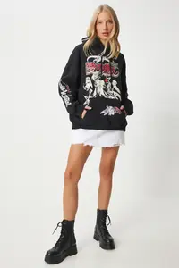 Happiness İstanbul Women's Black Printed Hooded Knitted Sweatshirt - Image 2