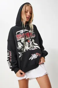Happiness İstanbul Women's Black Printed Hooded Knitted Sweatshirt - Image 4