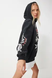 Happiness İstanbul Women's Black Printed Hooded Knitted Sweatshirt - Image 5