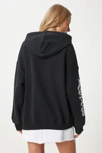 Happiness İstanbul Women's Black Printed Hooded Knitted Sweatshirt - Image 8