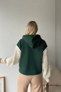Trend Alaçatı Stili Dark Green Hooded Mesh Knitted Sleeve Lace Crop Sweatshirt - Image 5