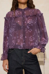 TRENDYOLMİLLA Burgundy-Multicolored Floral Ruffle Detailed Bohemian Unlined Shirt - Image 3