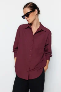 TRENDYOLMİLLA Dark Burgundy Single with pocket Boyfriend/Wide Pattern Cotton Weaving Shirt - Image 2