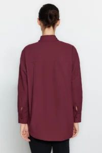 TRENDYOLMİLLA Dark Burgundy Single with pocket Boyfriend/Wide Pattern Cotton Weaving Shirt - Image 7